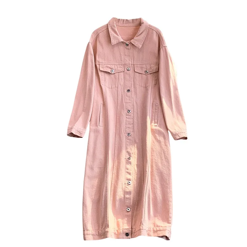SuperAen Pink Single-breasted Denim Dress for Women 2025 Autumn New Korean Style Loose Long Dresses