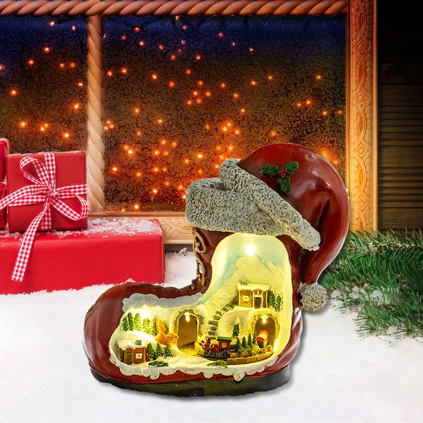 Christmas Music Box for Kids Adults Creative Collectible Seasonal Tabletop Electric Rotating Train with Lights Red Boot Figurine