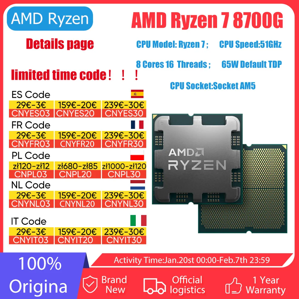 AMD Ryzen 7 8700G 100% Brand New AM5 CPUGaming Processor R7 8700G 8-Core 4.2 GHz 65W Radeon 780M Processor Cooler not included