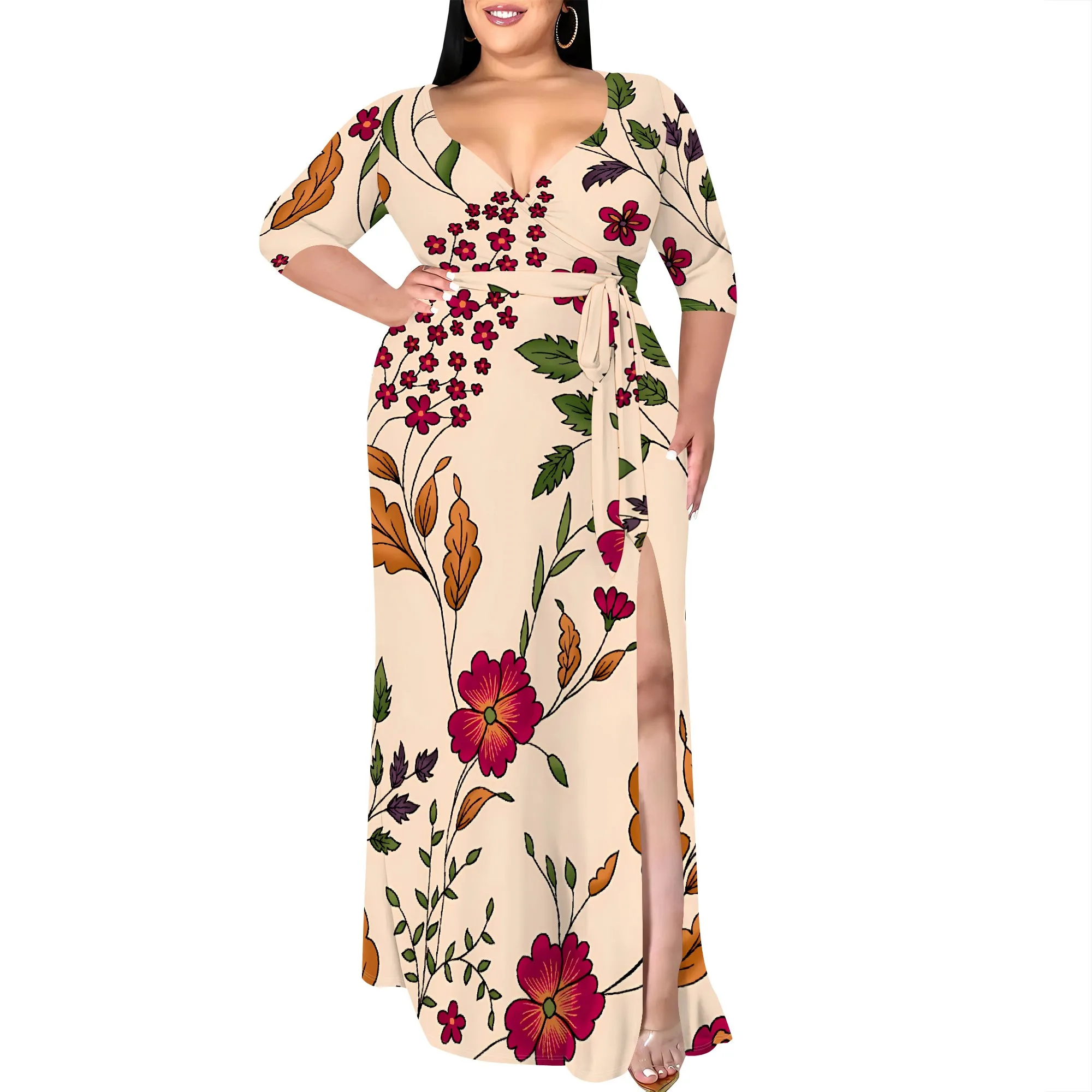 Nupusa Floral Print Dress for Women Plus Size Summer Casual V Neck Half Sleeve Maxi Dress