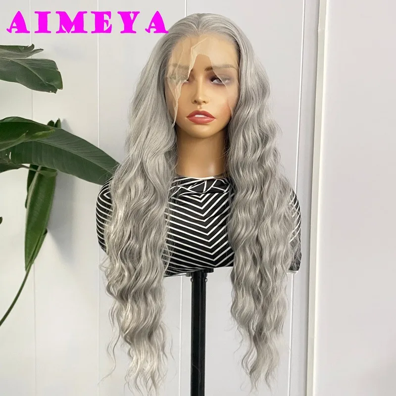 AIMEYA, peluca de encaje de onda profunda plateada, línea de cabello Natural, peluca con malla Frontal sintética gris claro para mujeres, peluca Frontal de Cosplay de uso diario