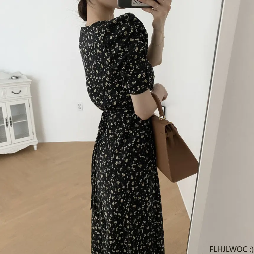 French Design Elegant Long Dresses New 2023 Women Summer Short Sleeve Floral Flower Retro Vintage Black Chic Korea Dress