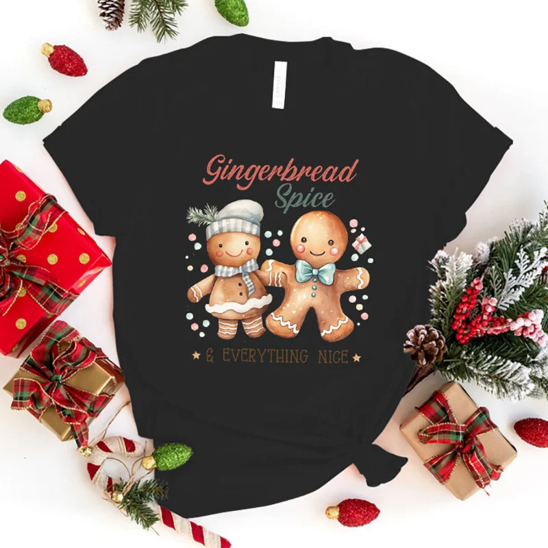 Cotton 100% Women Gingerbread Spice & Everything Nice Christmas Graphic T-shirt Cute Gingerbread Man Xmas Casual Tee