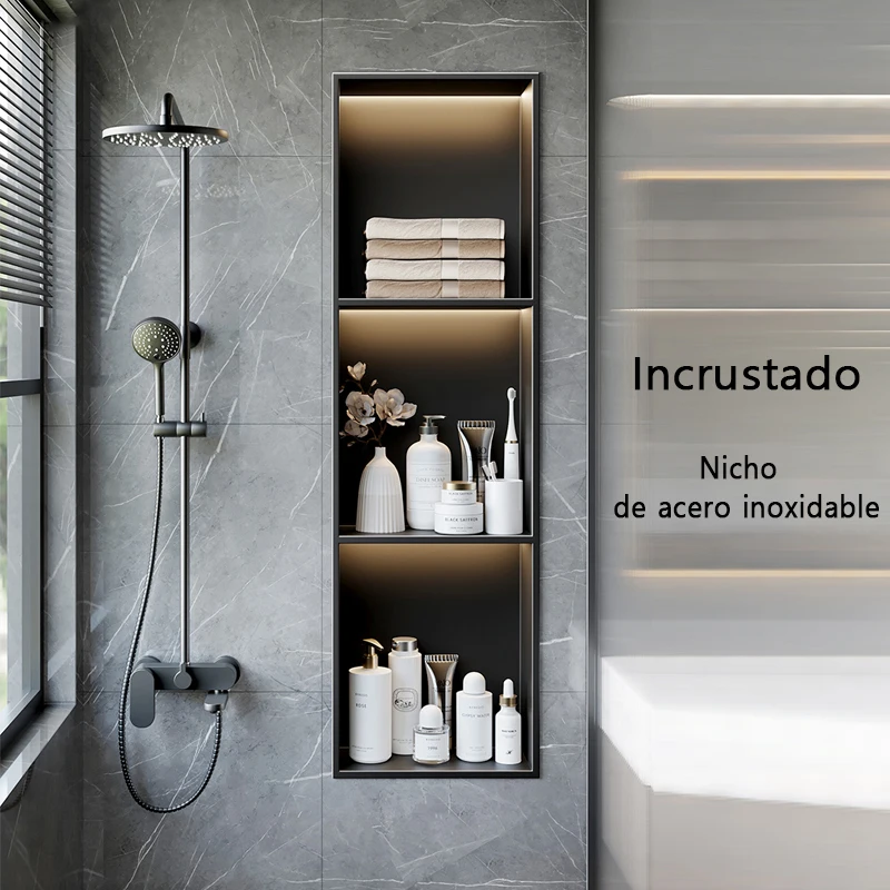 Nichos de acero inoxidable de lujo, estante de almacenamiento de baño incorporado, color gris, 1/2/3/4, nicho de piso con lámpara para cocina, cuarto de ducha y dormitorio