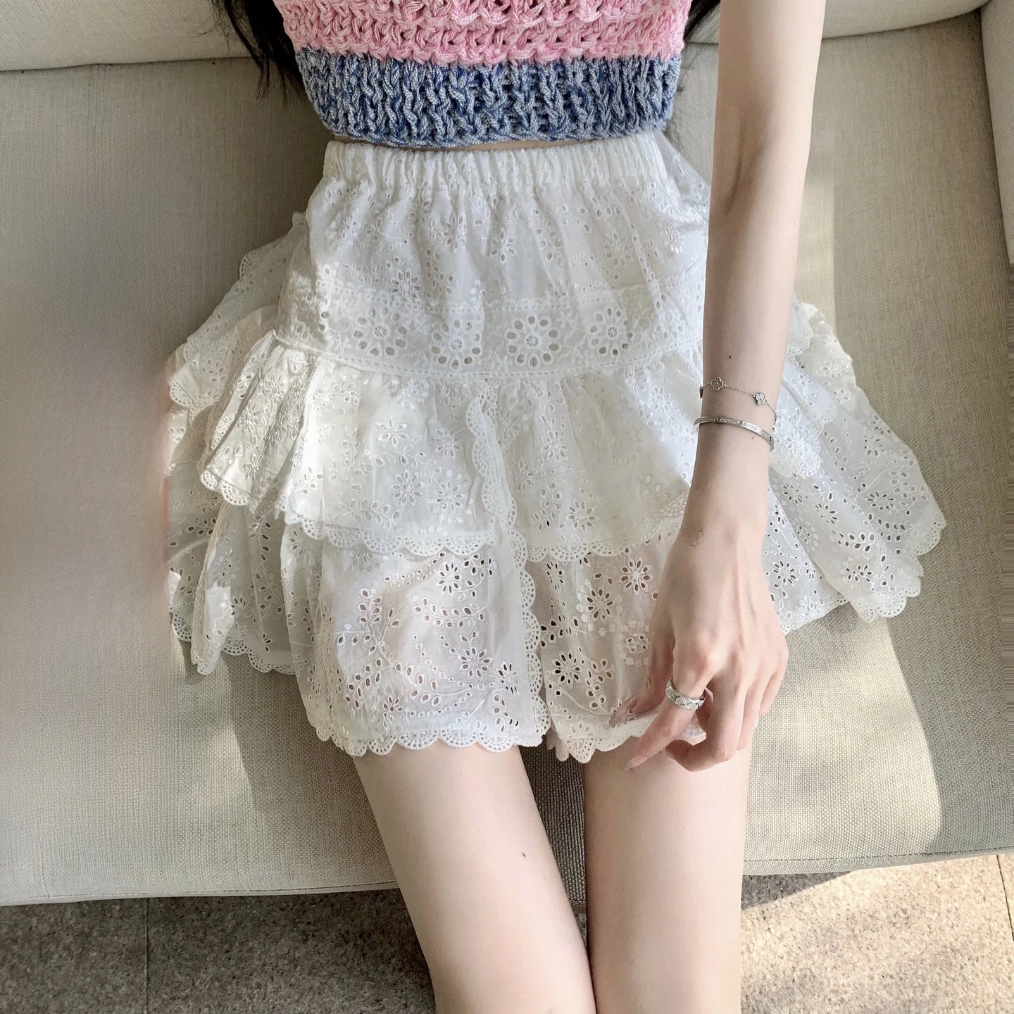 

High Waist Lace Embroidered ort Skirt Sweet Girl's Vintage Sle Faion Boutique De Viola Summer Collection 2023