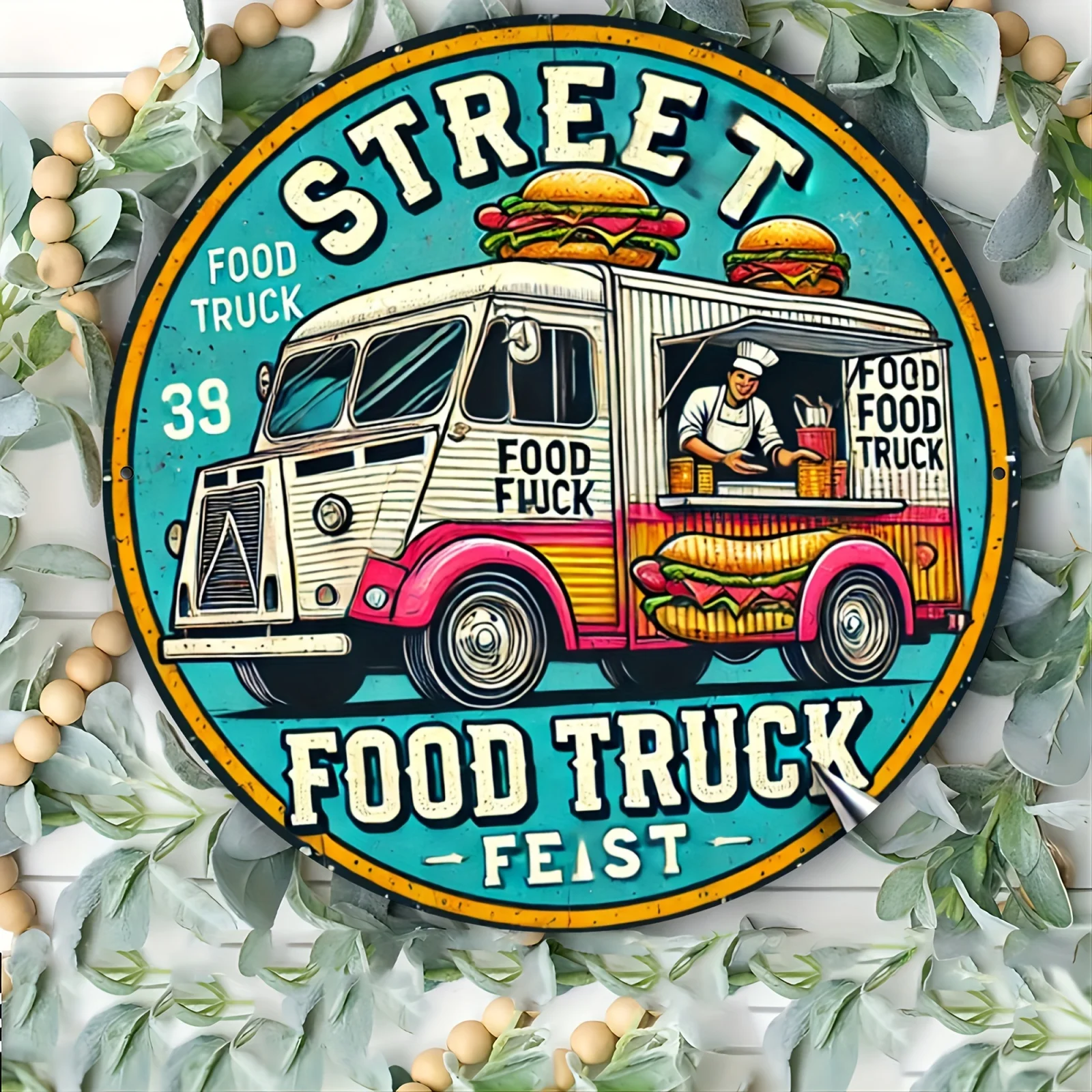 1pc Vintage Street Food Truck Feast Metal Aluminum Sign, 8x8 Inches, Retro Illustration for Home Kitchen Restaurant Bedroom Gard