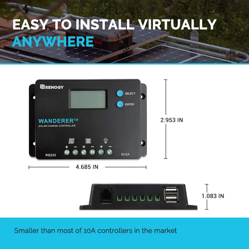 Renogy 10A 12V/24V PWM Negative Ground Solar Charge Controller Compact Design w/LCD Display for AGM, Gel, Flooded and Lithium