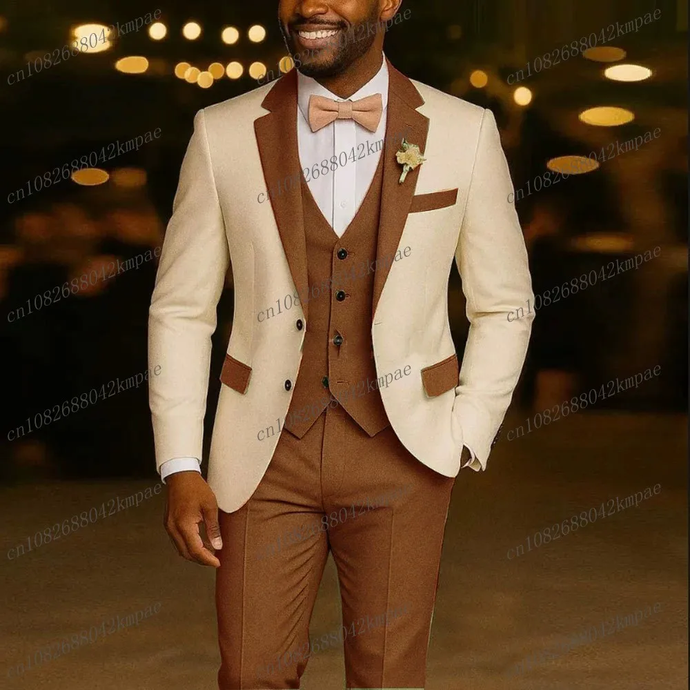 

New Brown And Ivory Formal Men Suit Groom Groomsman Wedding Party Prom Business Male Tuxedos 3 Piece Set Blazer Vest Pants