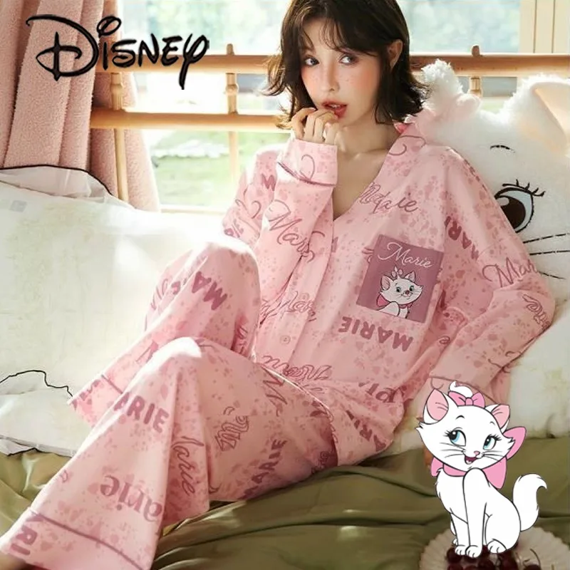 

Kawaii Disney Marie Cat Pajamas Cartoon Cute Woman's Autumn and Winter Pink Pajama Set Girls Home Long-sleeved Trousers Set Gift