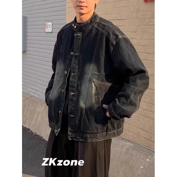 

Autumn Winter Large Size 5kg American Waed Stand Collar Heavyweight Denim Open Cardigan Jaet Men Loose Casual Versatile