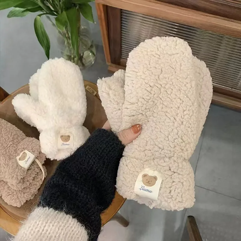 Korean Women Faux Fur Mittens Plush Thicken Warm Halter Winter Baby Gloves Girls Boys Lamb Wool Ladies Snow Gloves Outdoor