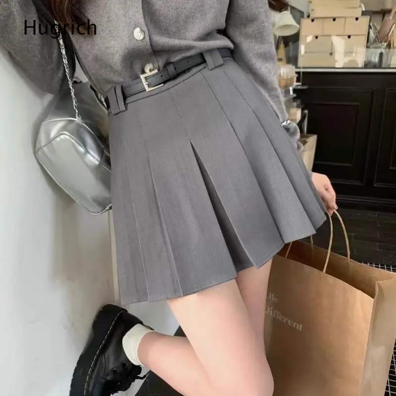 Classic Solid Gray High Rise Uniform Pleated Skirt Removable Thin Waist Belt Loose Flared Hem Design Women Casual
