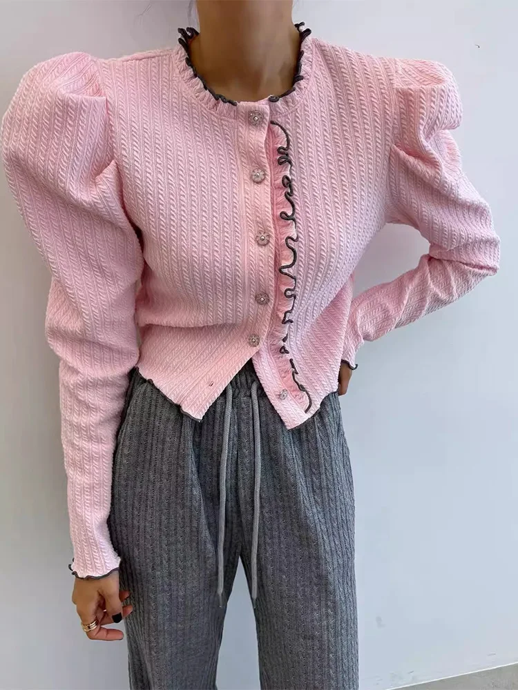 

Chic Autumn New Vintage Anti-Aging Splicing Wooden Ear Long Sve Women's Cardigan Outerwear Floral Print High Waist pe