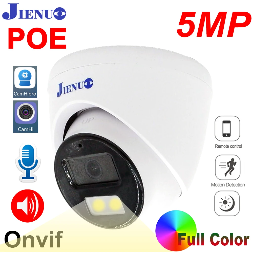 JIENUO 5MP POE IP Camera CCTV Security Surveillance Full Color Night Vision Two-Way Onvif 64G 128G Dome Home 1080P Security Cam