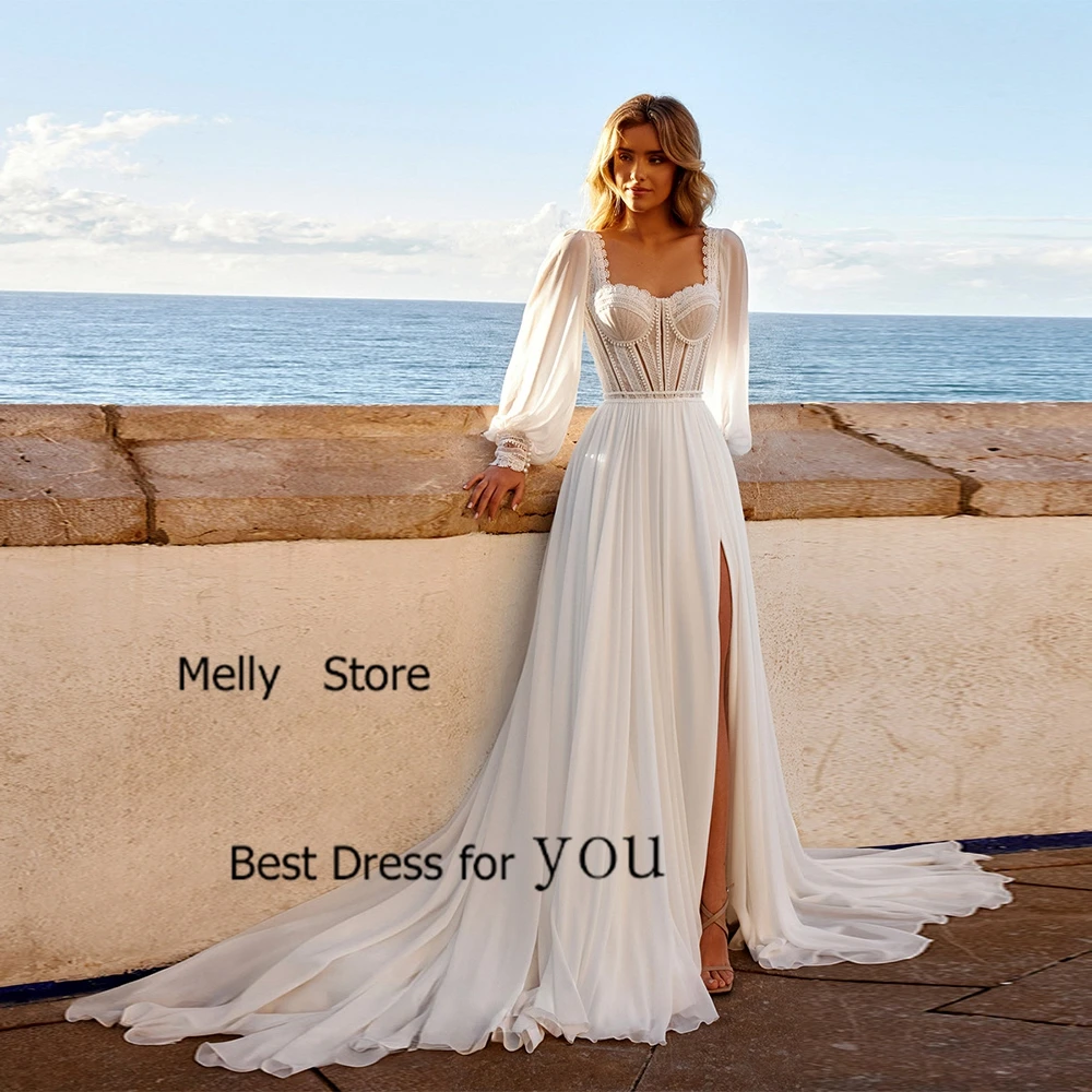 Exquisite Ivory Wedding Dresses Side Slit Bridal Gowns Court Train Full Sleeve New Vestido De Novia Soft Tulle Robe De Summer