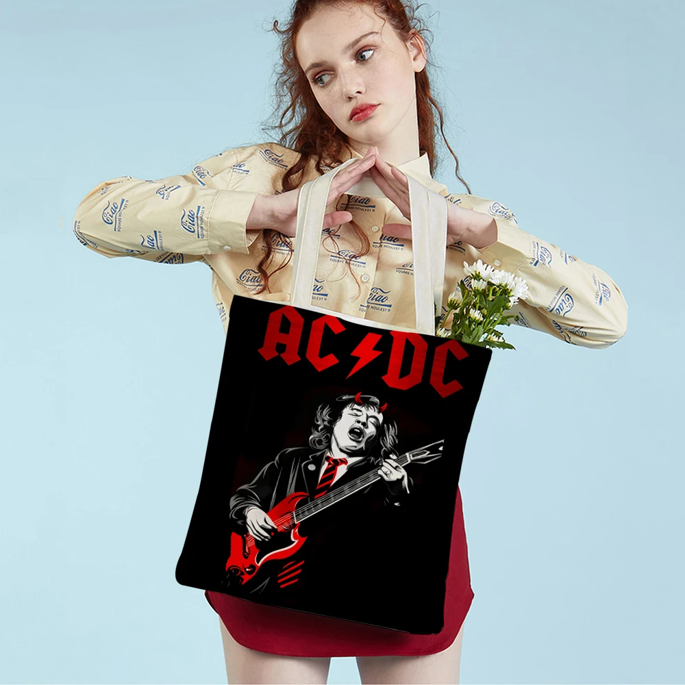 Canvas Women Shopper Bag AC DC Band Art Lady Shopping Bags Classic Rock Team Reusable Foldable Eco Cartoon Travel Tote Handbag