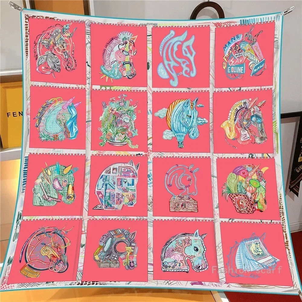 90CM Twill New Horse Prism Women\'s Decorative Shawl Large Square Scarf Headscarf Scarf Frame Painting Silk Scarf Wholesale