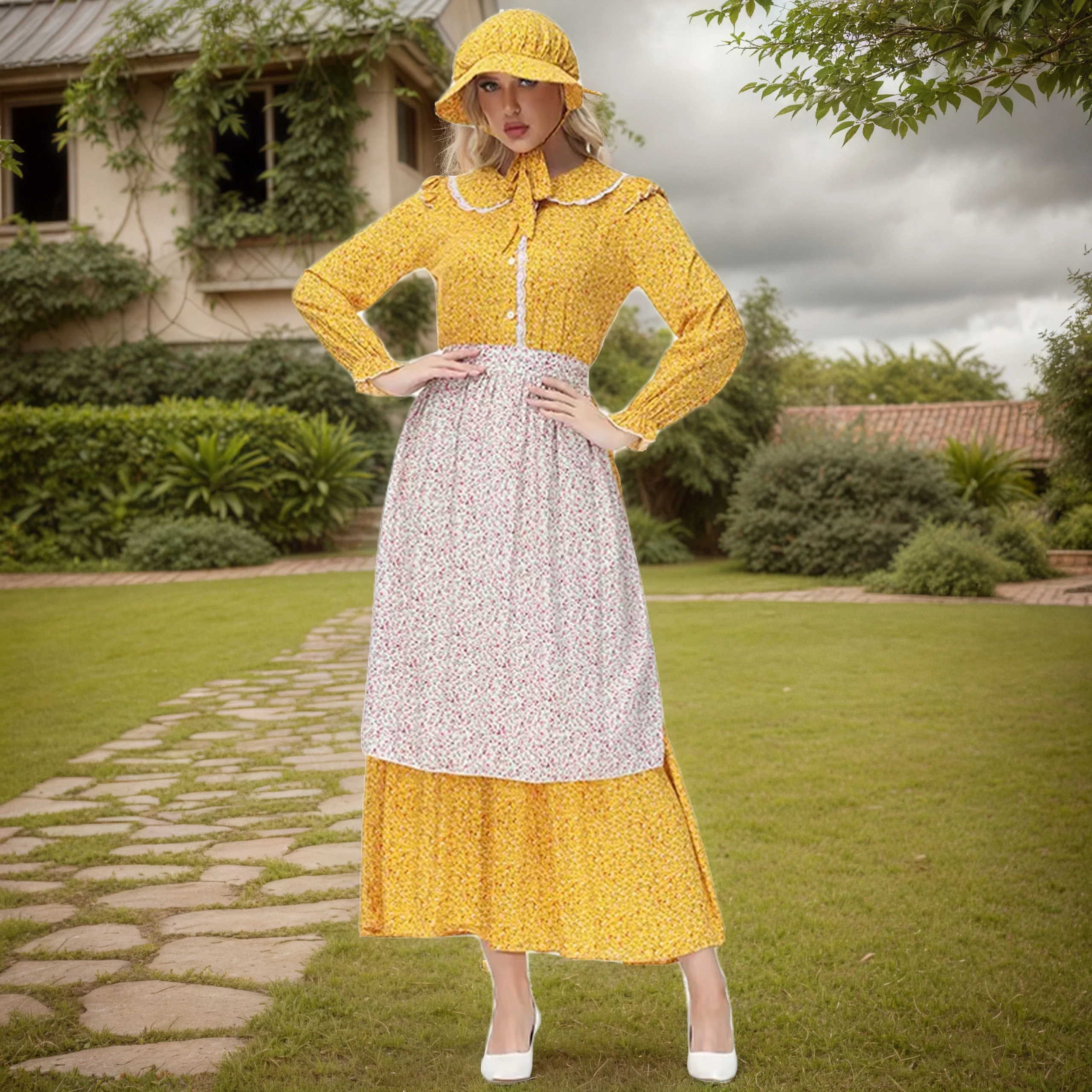 

Halloween Carnival Party Dress Pastoral Dress Yellow Solid Color Floral Apron Flower Picking Woman Role Play Clothing Outfits