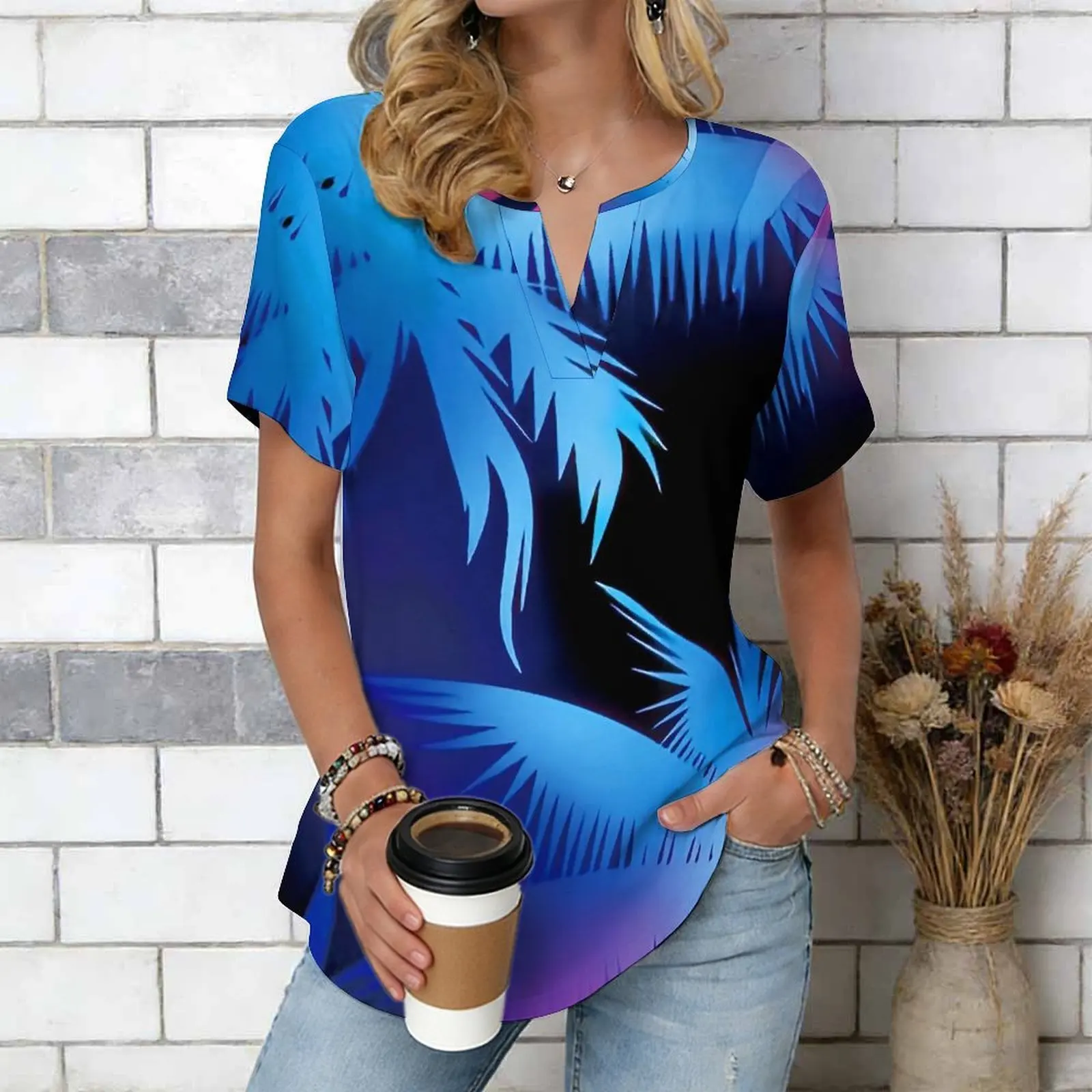 Women Print Notched V Neck Short Sleeve Casual Loose Tunic Tops