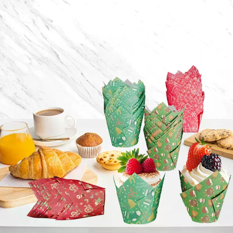 50pcs Christmas Tulip Muffin Cupcake Paper Cups Oilproof Cupcake Liner Baking Muffin Box Cup Cake Decorating Tool Wrap Cases