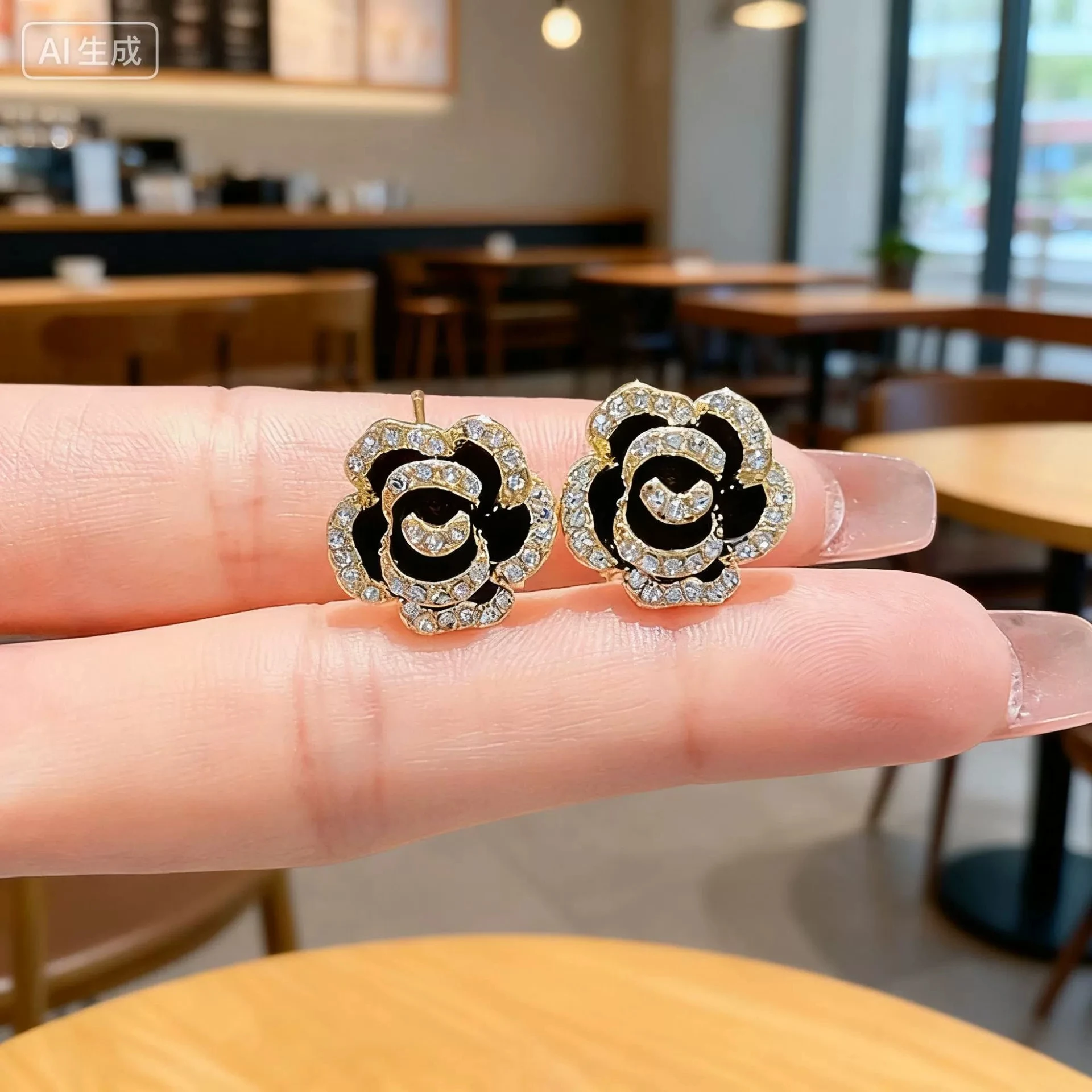 New Black Enamel Oil Camellia Flower Earrings for Women Fashion Rhinestones Petal Blooming Gardenia Stud Earrings Trendy Jewelry