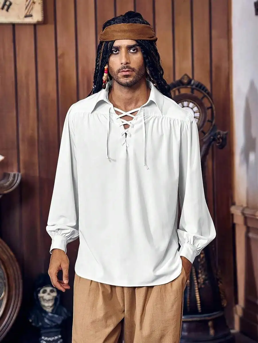 

Men's White Long Sleeve Lace-Up Shirt with Ruched Sleeves, Gothic Vintage Style