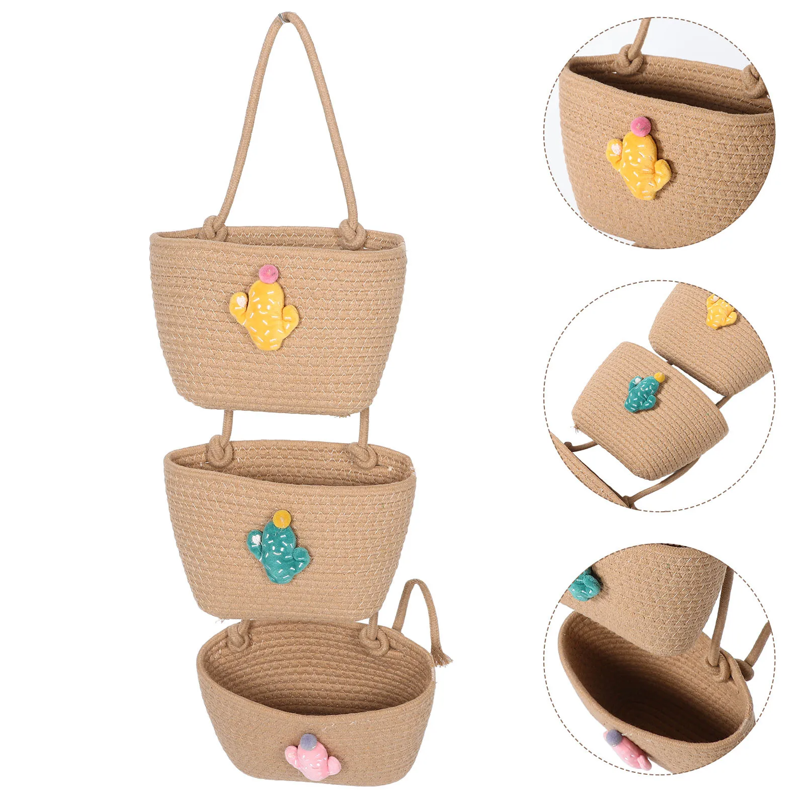 

Woven Cotton Rope Hanging Basket 3-Tier Storage Organizer for Home Rv Car Space Saving Wall Mount Boho Style Door Hanging Basket
