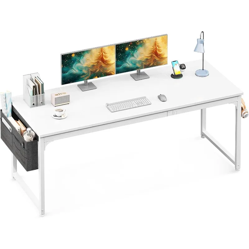 

Computer Desk Large Office Desk, 63 Inch Gaming Desk with Storage, with Headphone Hook for Home Office, White + White Leg