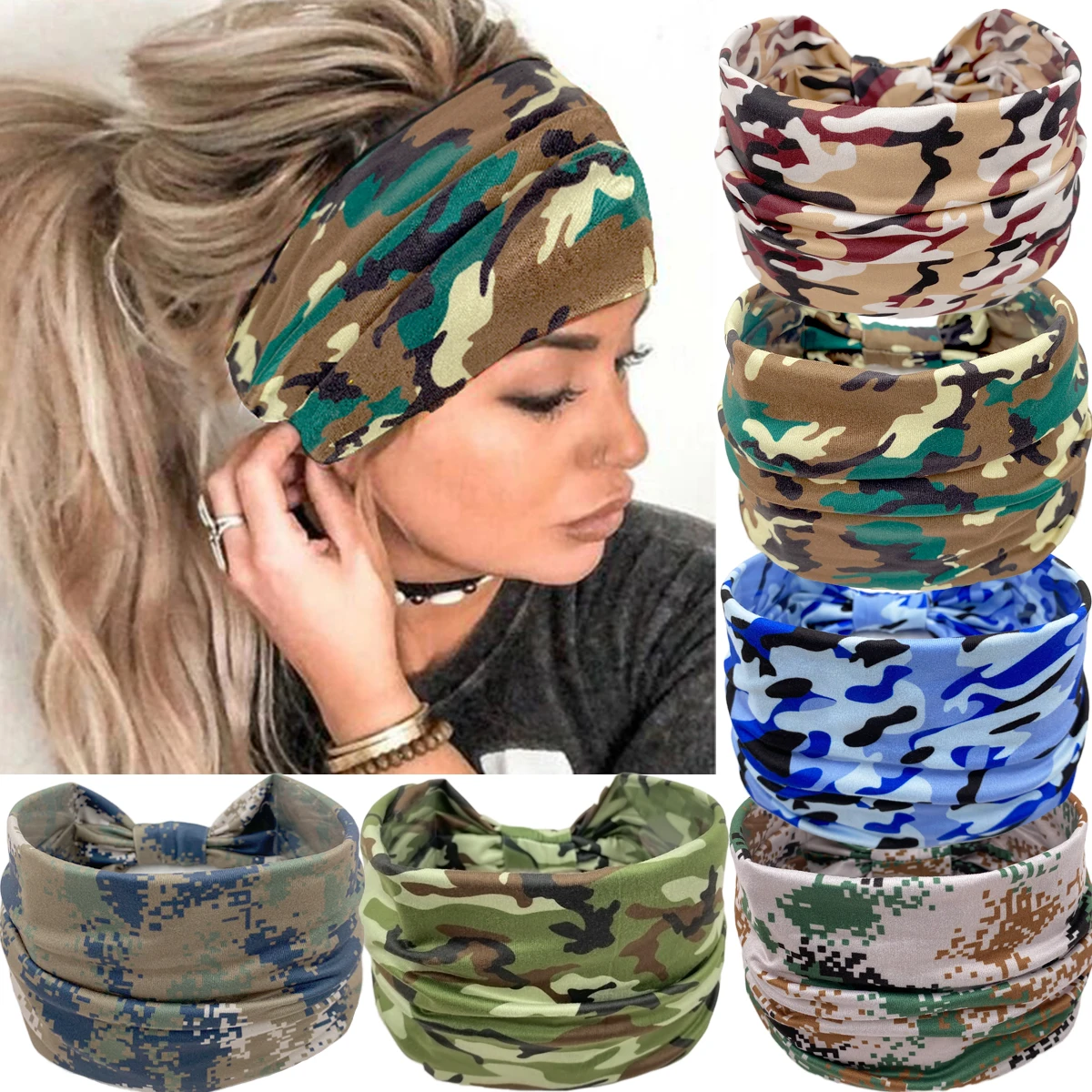 

Christmas Headbands Knotted Women Girls Camouflage Print Non Slip Elastic Hair Band Breathable Head Wrap Workout Yoga Sweatband