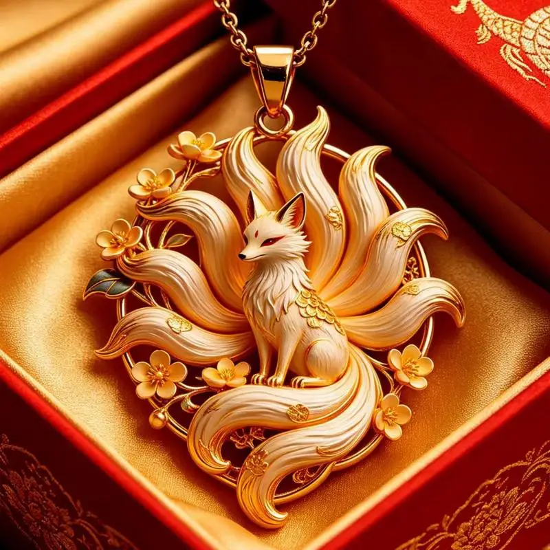 Nine Tailed Fox Enamel Pendant Necklace Anti-Tarnish Chinese Mythology Design Premium Jewelry for Women Daily Use