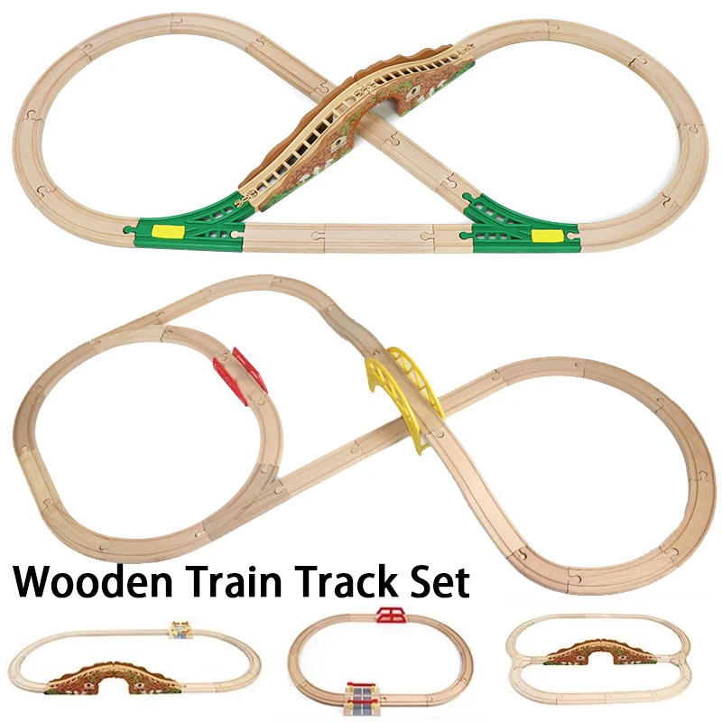 Accesorios de tren de vía de madera, juguetes, conjunto de juguetes de montaje de vía de tren de ferrocarril de madera aptos para marcas, trenes, juguetes educativos para niños