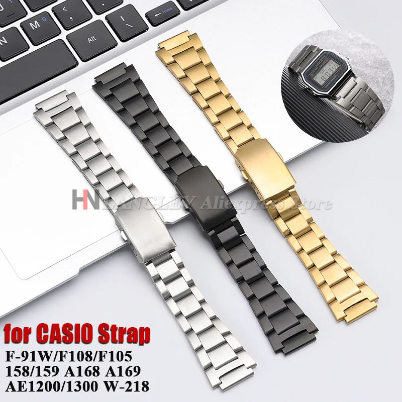 카시오 F-108/W-218 F91W F84 W-800H SGW400 AE-1200/1300 남성용 스포츠 접이식 버클 팔찌용 18mm 스테인레스 스틸 시계 스트랩