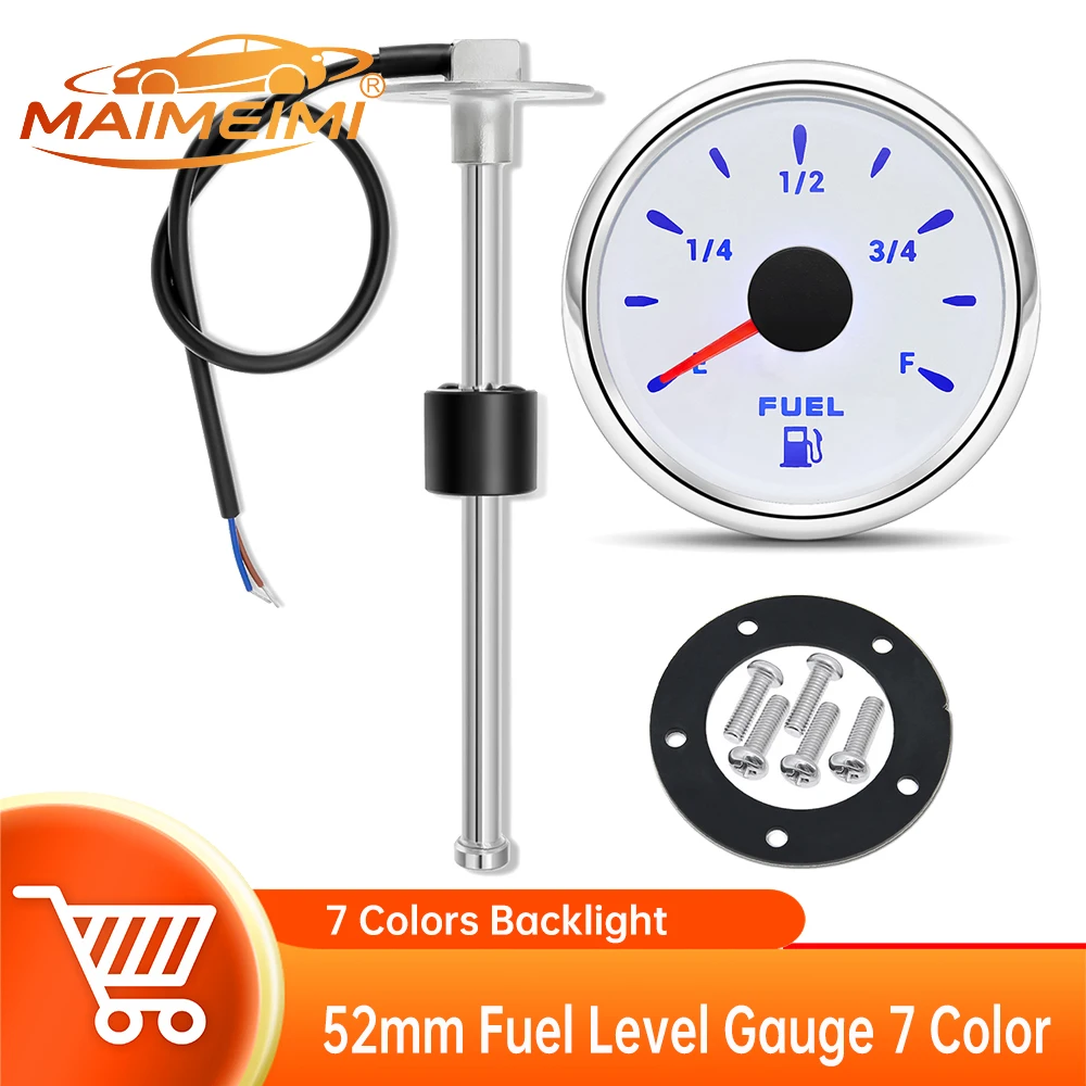 52mm Fuel Level Gauge 240-33ohm Fuel Meter Indicator 7 Color Backlight with 100MM-500MM Sensor for Boat Car 12V 24V
