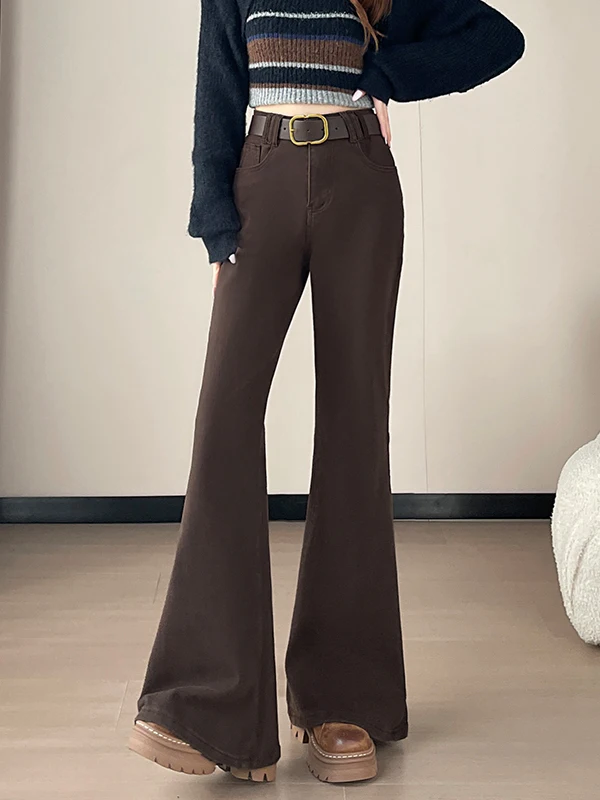 

Cafeau Long Wide Leg Jeans Women's Fleece High Waist Lengthening Trousers Autumn Winter Casual High Waist Denim Pants