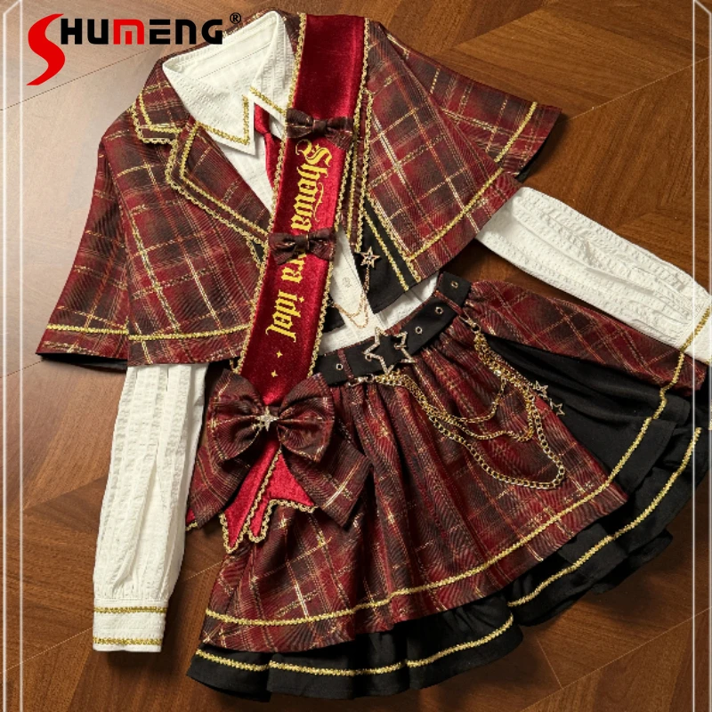 

2025 Autumn New Japanese Style Stage Outfit Cloak Shirt Short Skirt Leg Warmers Set Performance Cosplay Lolita Doll Feeling Top