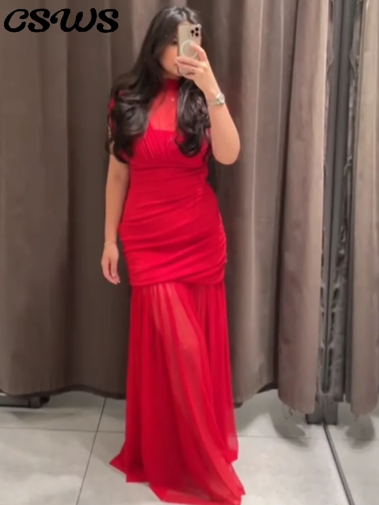 Seksowna czerwona plisowana siateczka długa czerwona sukienka bez rękawów przepuszczalność Patchwork sukienki w kształcie litery A kobiece 2025 letnia dama wąskie szaty