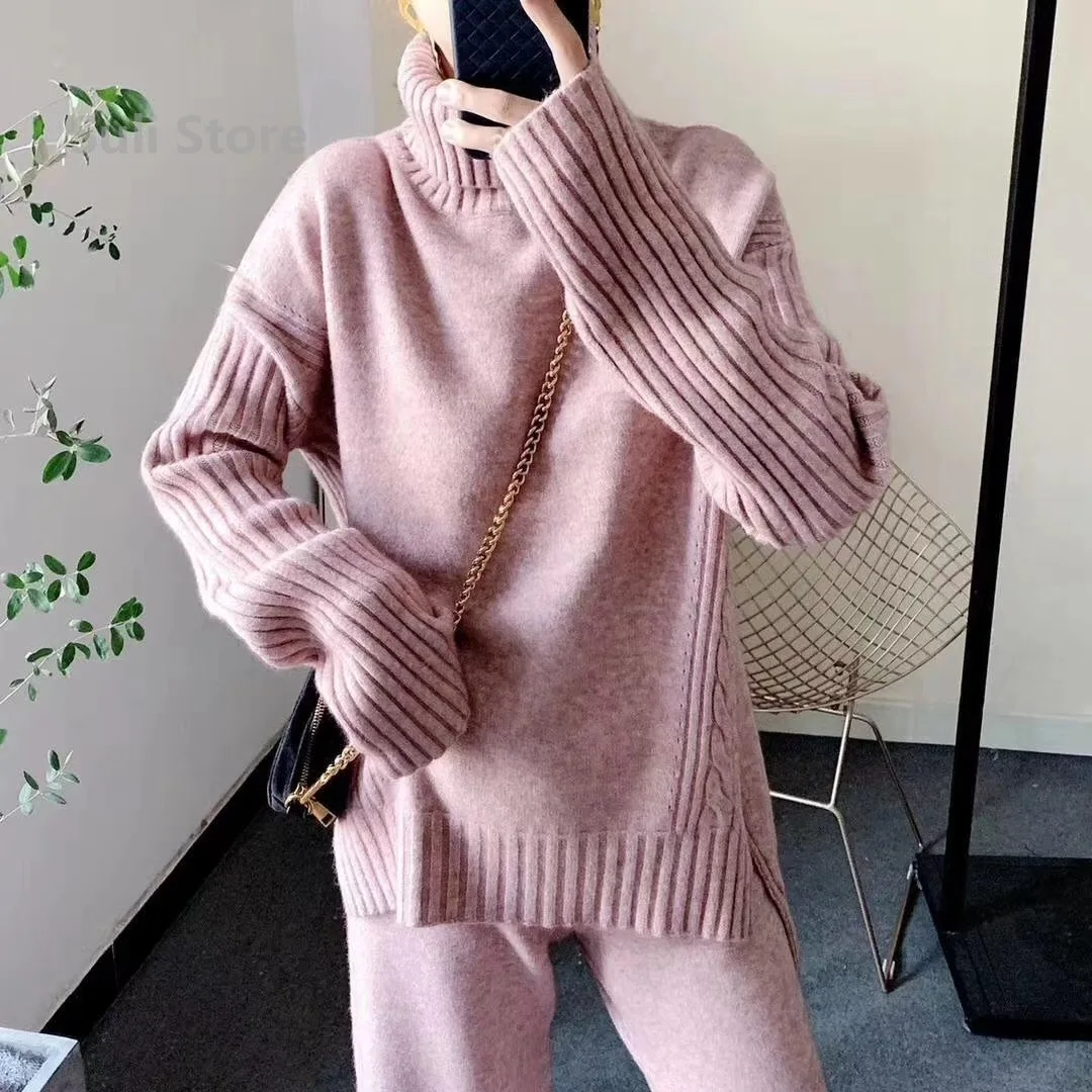 Wool 2023 Autumn and Winter New Loose Turtleneck Sweater Suit Female Western Style Fashion Wide Leg Pants Two-Piece Set Female