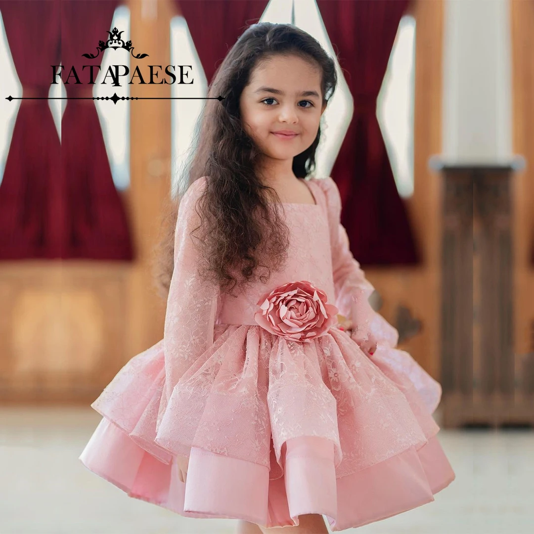 

FATAPAESE Pink Dress for Tollder Flower Girl Dress Soft Lace Square Neckline Long Sleeve Ball Gown Short Skirt Wedding Party