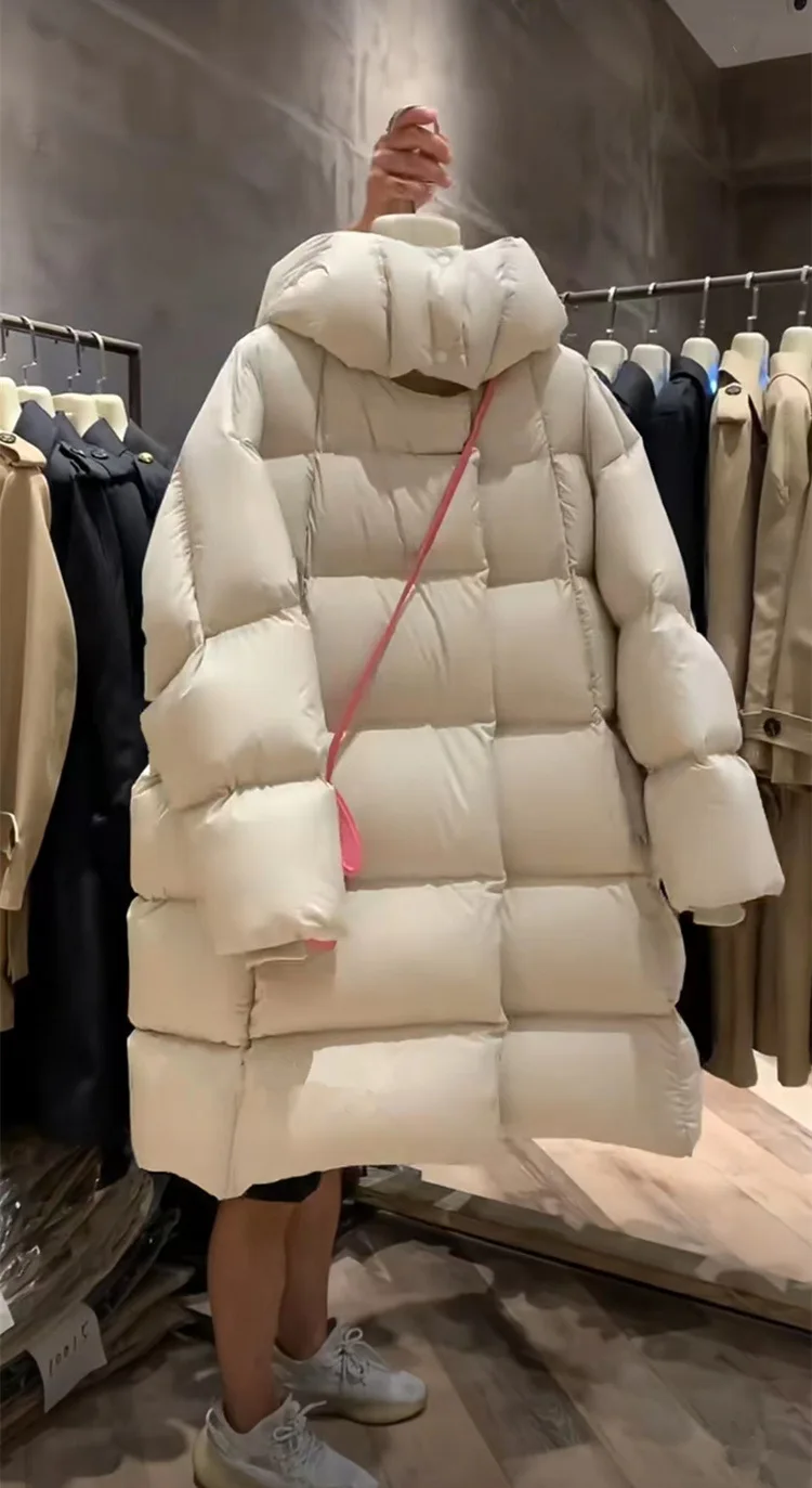 Winter Hooded Fluffy Mid Length Warm Down Jacket Women White Duck Down Puff Windproof Parker Outwears Female Loose Warm Jackets