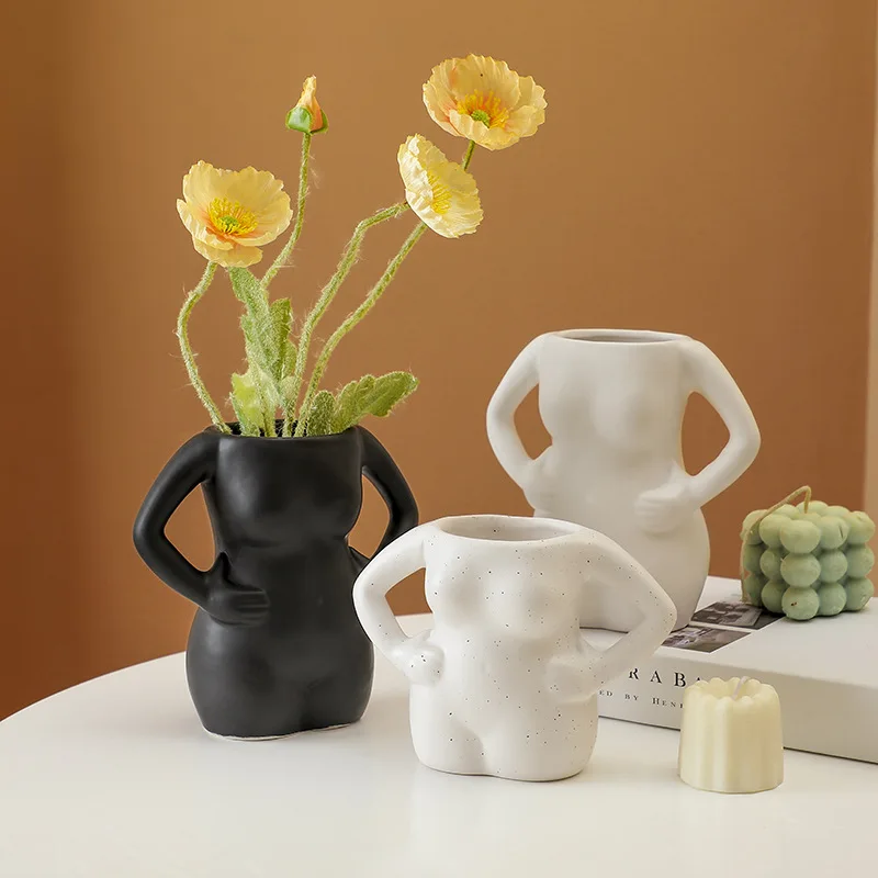 

Ins Creative Ceramic Flowerpot, Home Ornament, Entrance Decoration, Splash Ink Cup, Nordic Fork Waist Body Vase
