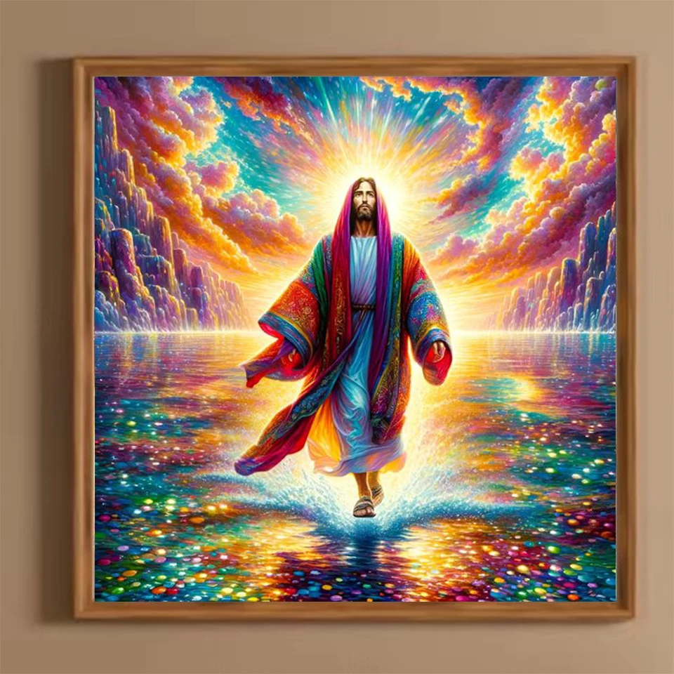 Vibrant Jesus Walking on Water Diamond Painting Colorful Clouds New 2025 Full Diamond Mosaic 5D DIY Diamond Art Home Decoration