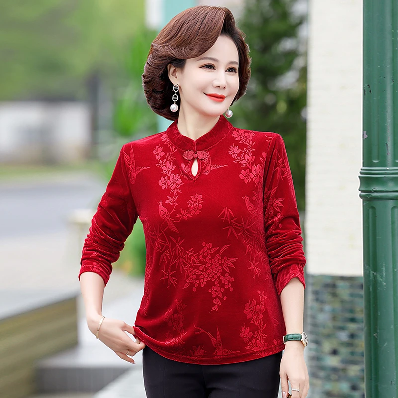 Women\'s Pullover Tops Gold Velvet Shirt Spring and Autumn Office Lady Long Sleeve Middle Age Mother Clothing