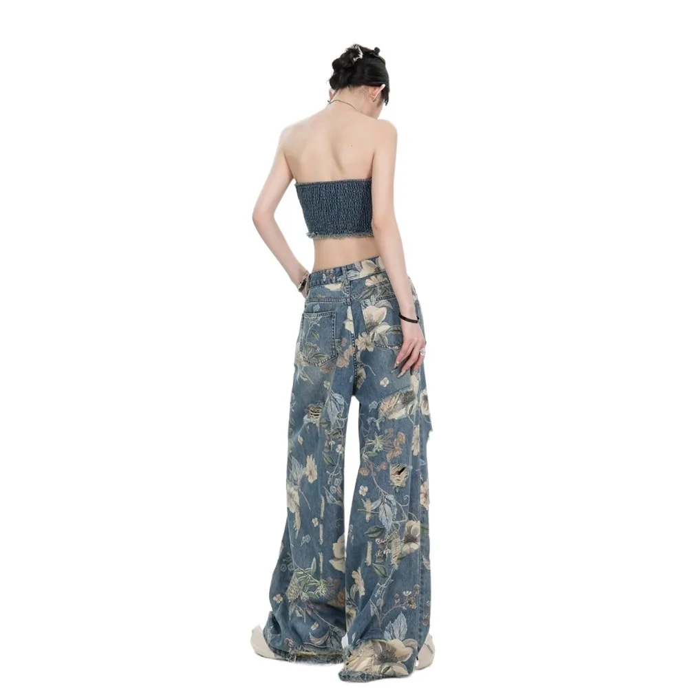 Vintage Floral Jeans Women Y2K Ins Baggy Straight Denim Trousers Wide Leg High Waist Broken Hollow Pants Unisex