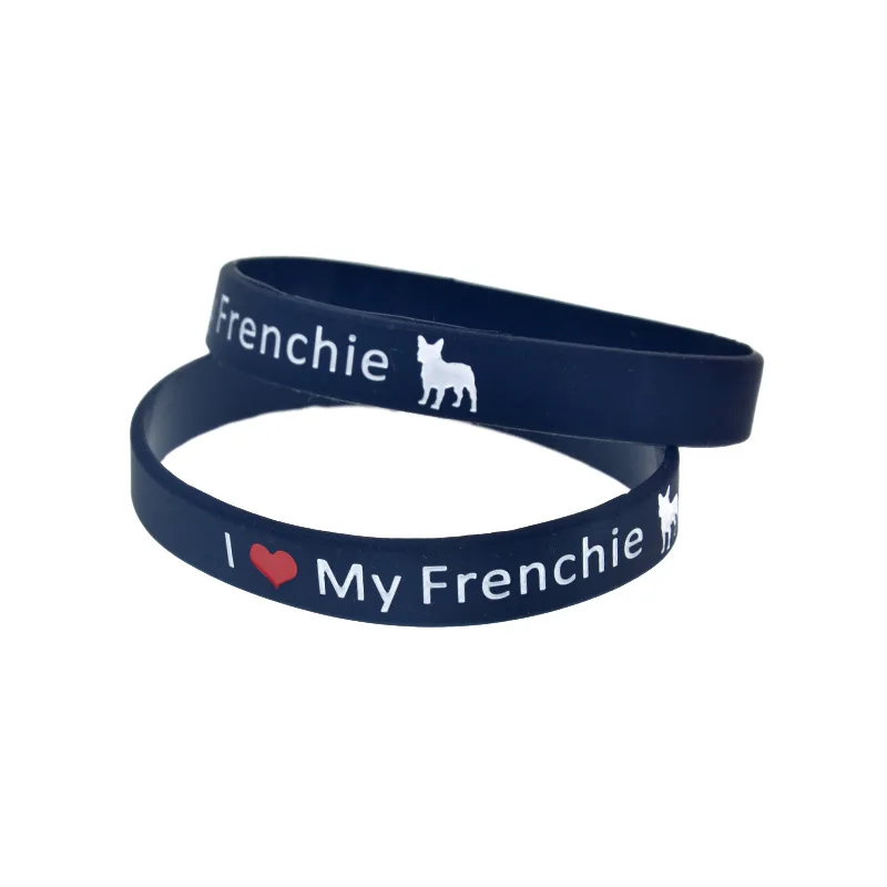 50 Pcs I Love My Frenchie Bull Terrier Silicone Wristband Black Bangle Adult Size