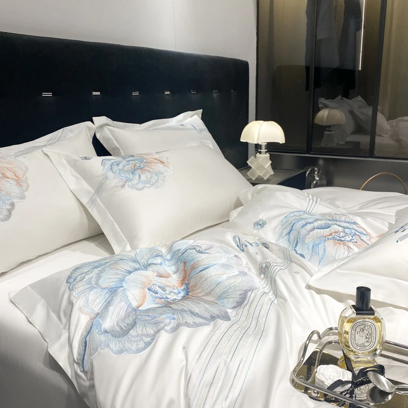 White Egyptian Cotton Bedding Set Luxury, Flower Embroidery, Solid Color Duvet Cover, Bed Sheet, Pillowcases, Home Textile