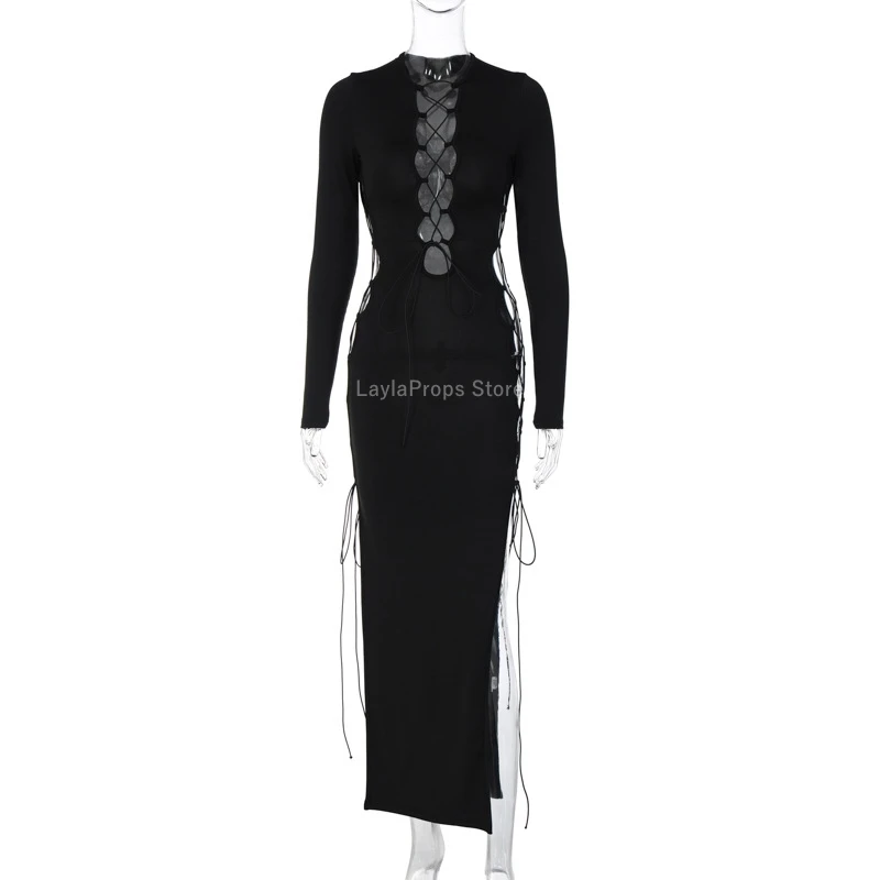 Maternity Dresses Sexy Hollow Out Lace-Up Body con Slit Long Sleeve Maternity Dress for Photography and Parties