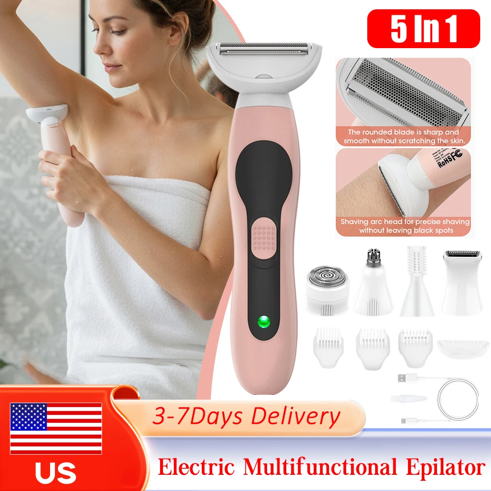 

5 In 1 Electric Epilator USB Rechargeable 60min+ Usage Wet/Dry Painless Bikini Trimmer Portable Hair Remover for Face Nose Eyebr