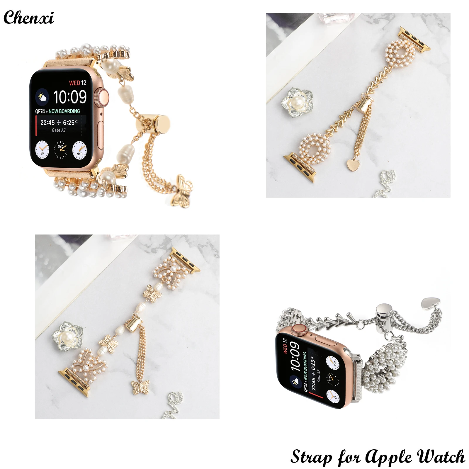 

Metal strap for Apple watch band beaded bracelet chain for iwatch series87654321SE Ultra pearl Jewelry38 40 41 42 44 45 49mm