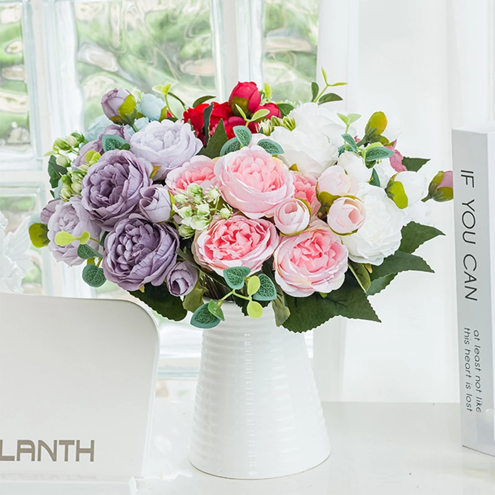 3 قطعة زهرة اصطناعية الحرير الورد الفاوانيا في الهواء الطلق ساحة الزفاف إكليل باقة الزفاف مهرجان الديكور طاولة غرفة المنزل Diy بها بنفسك زهرية هدية #6