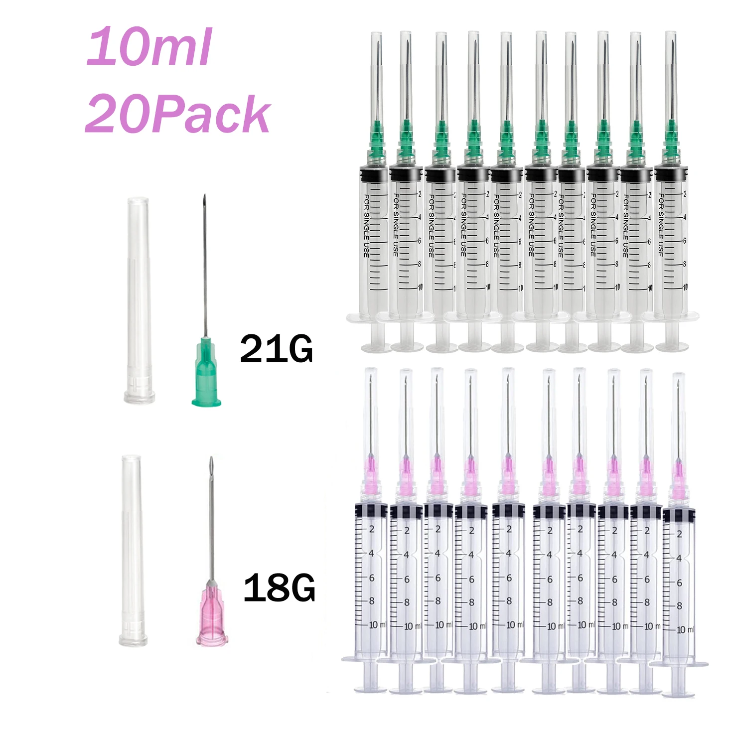 20PCS 10ml/cc Luer Lock Sterile Disposable Syringe With 10PCS of Each -18G/21G 1.5